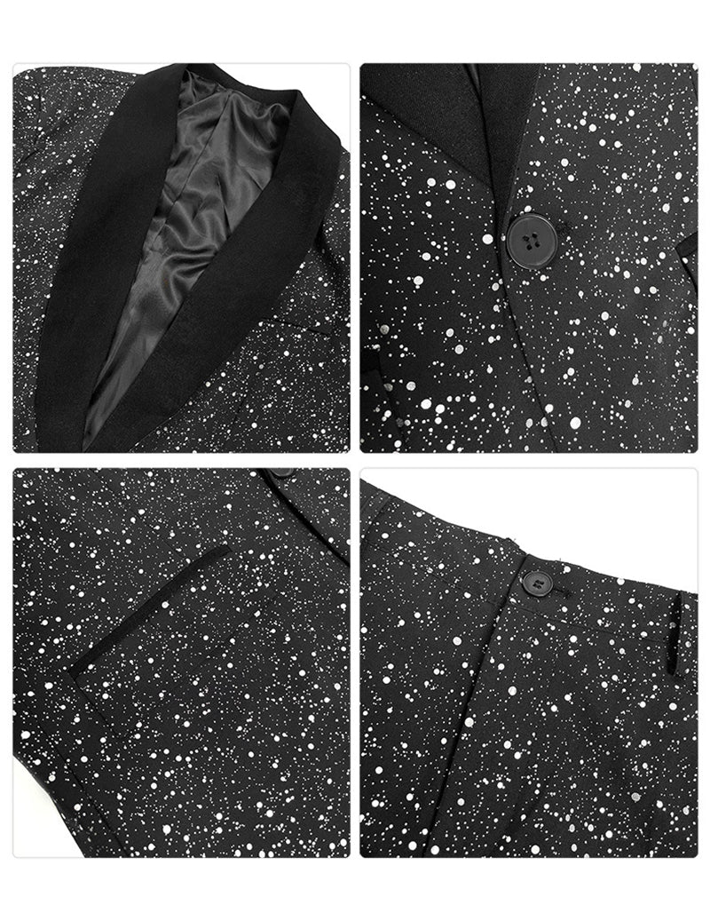 Black sequin blazer fabric and button detail close-up collage
