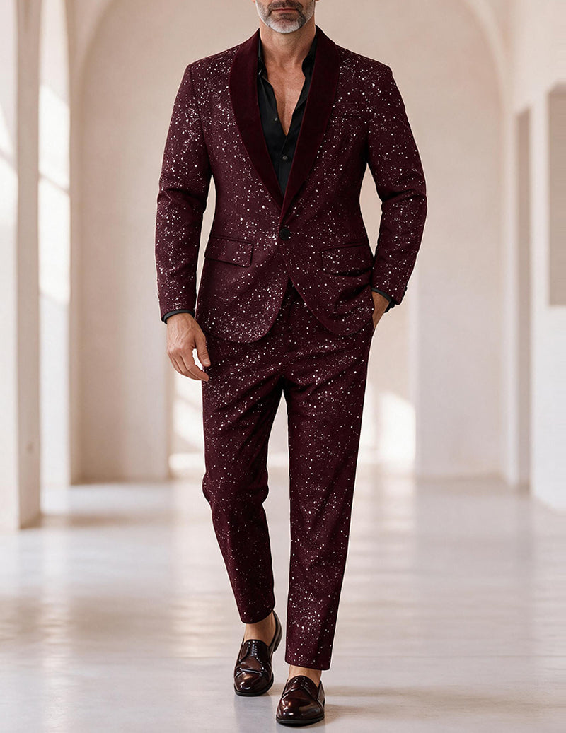 Men's wine red sequin blazer and pants set with shawl collar and slim trousers