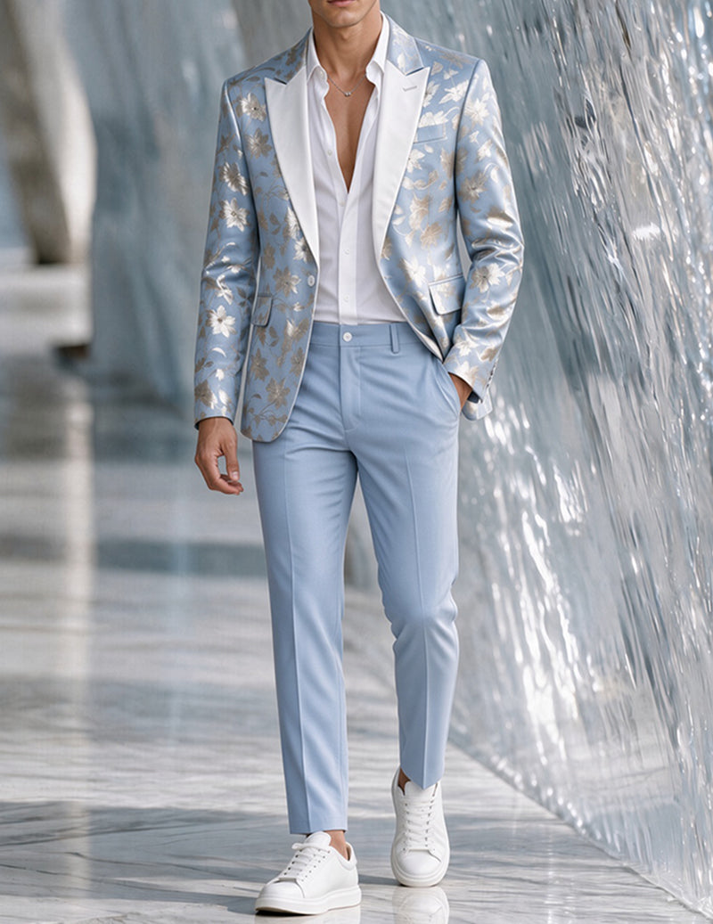 Light blue floral foil blazer and pants set, front view