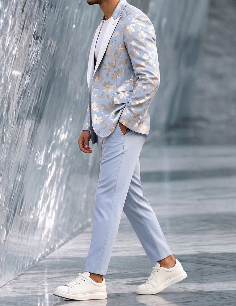 Light blue floral foil shawl-collar blazer and pants set, side view