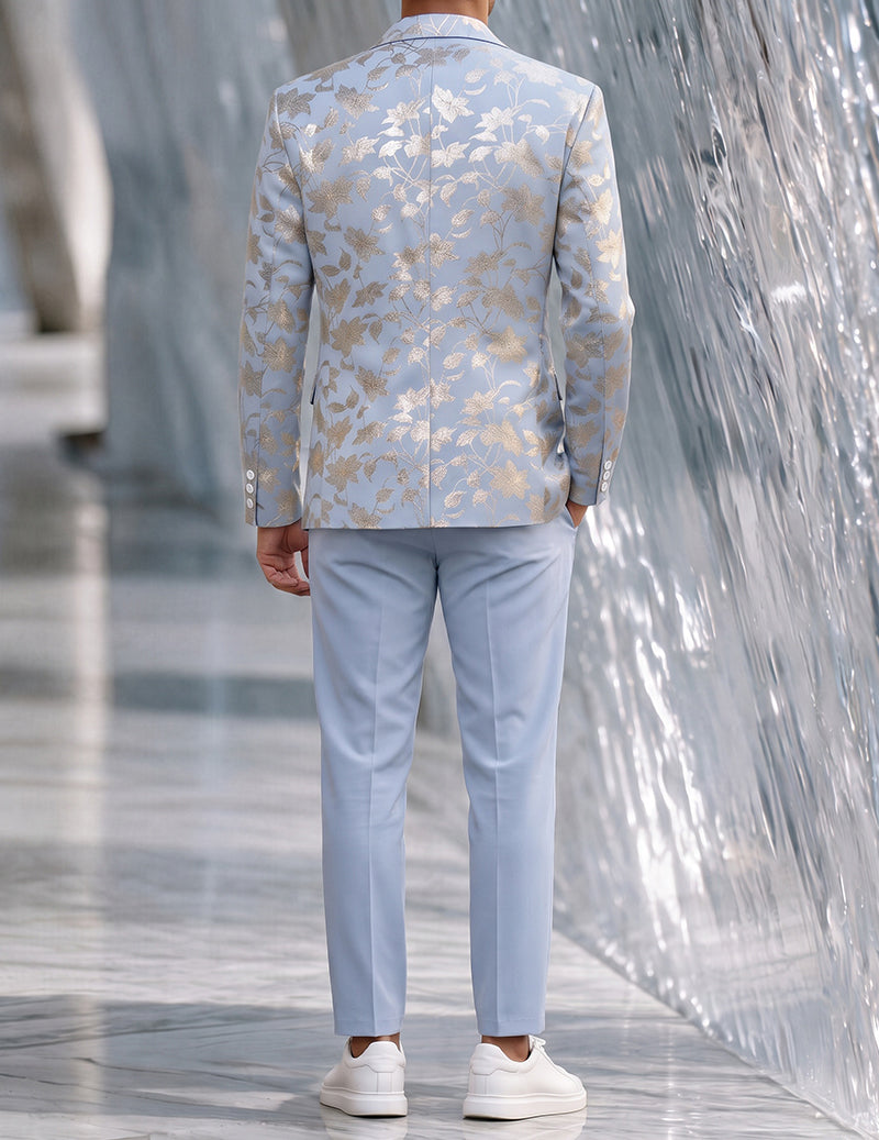 Light blue floral foil blazer and pants set, back view