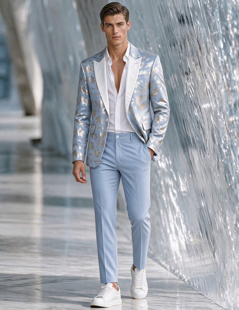 Light blue floral foil shawl-collar blazer and pants set, full body