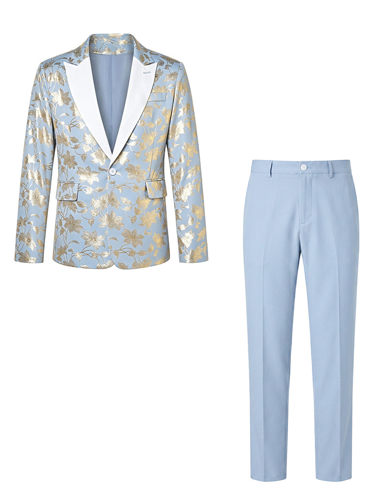 Light blue floral foil blazer and light blue pants set, front view
