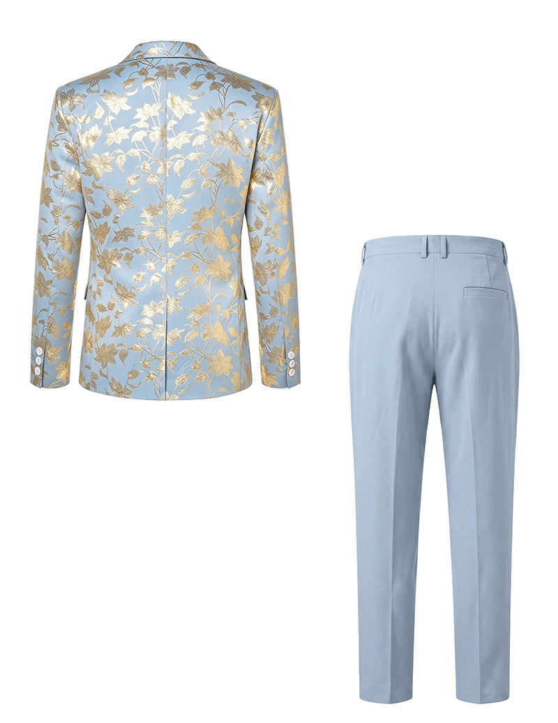 Light blue floral foil blazer and light blue pants, back view