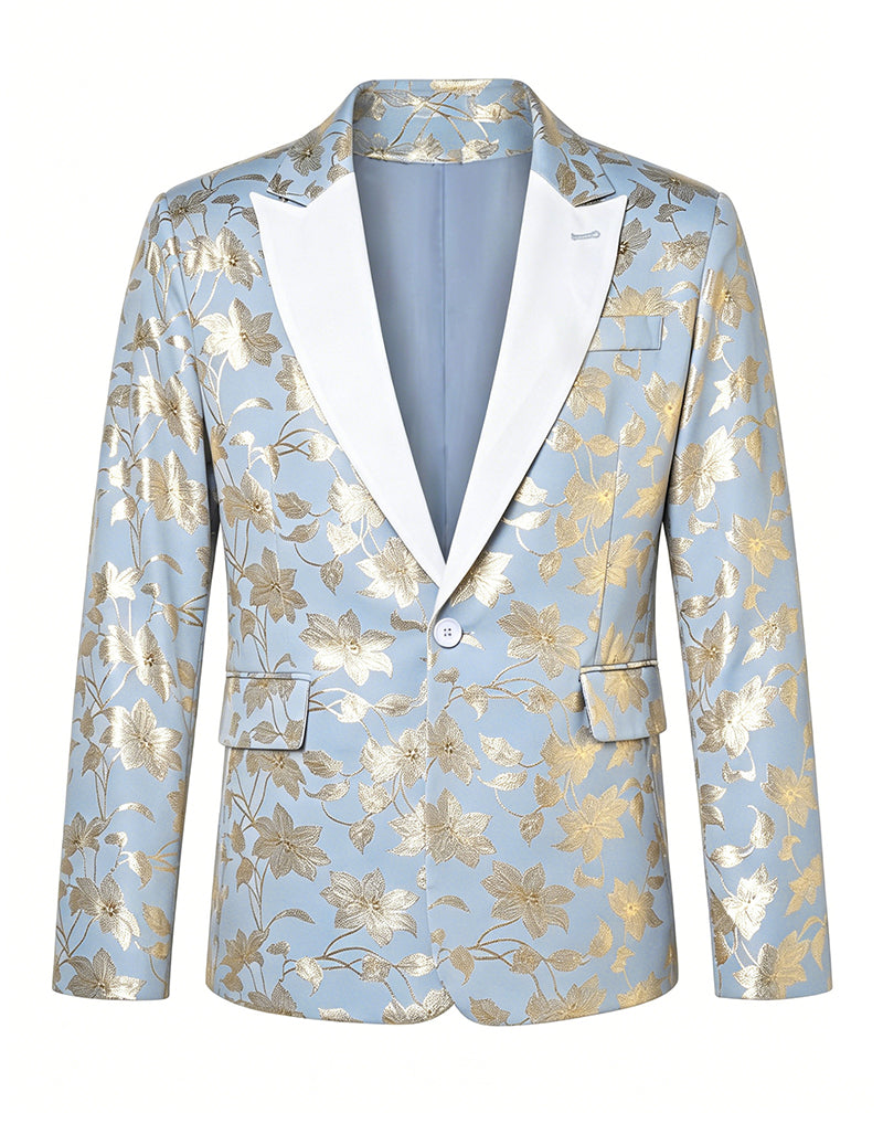 Light blue floral foil shawl-collar blazer, single-breasted front