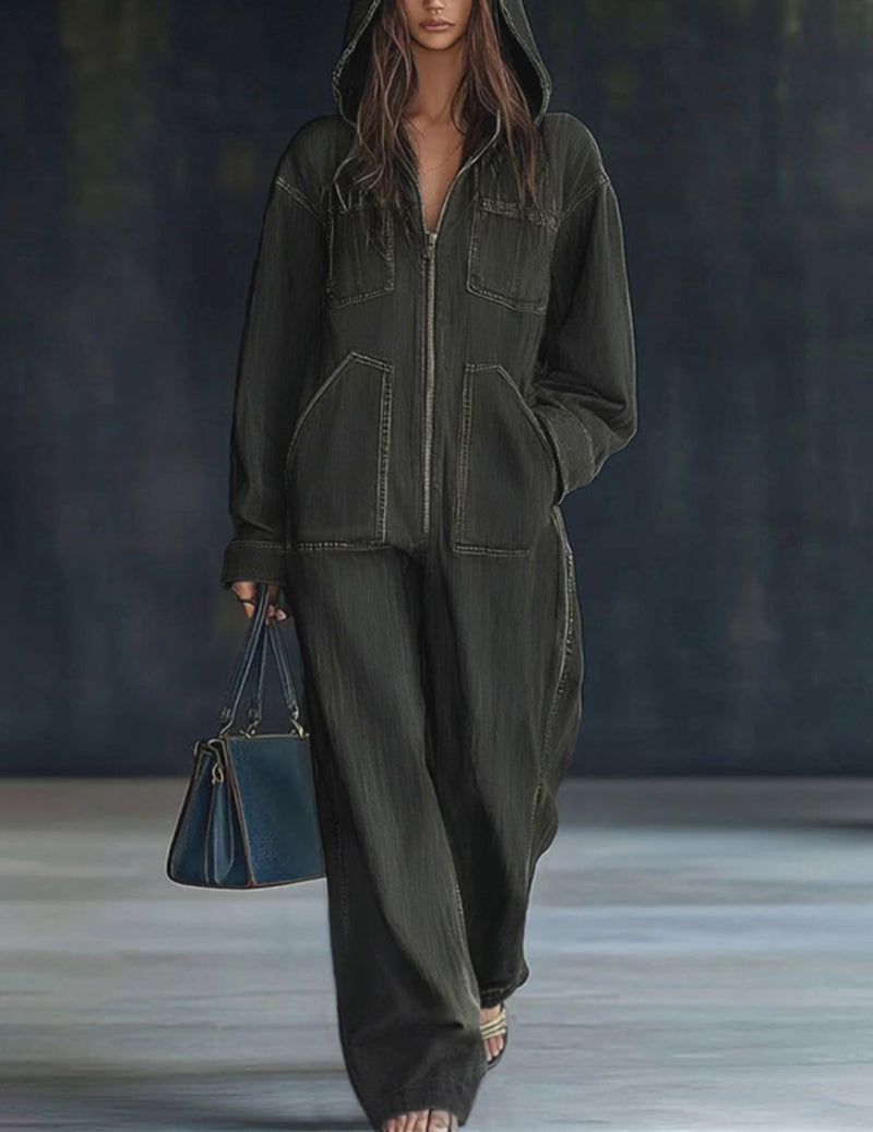 Denim Hooded Oversized Zip-Front Pocket Jumpsuit