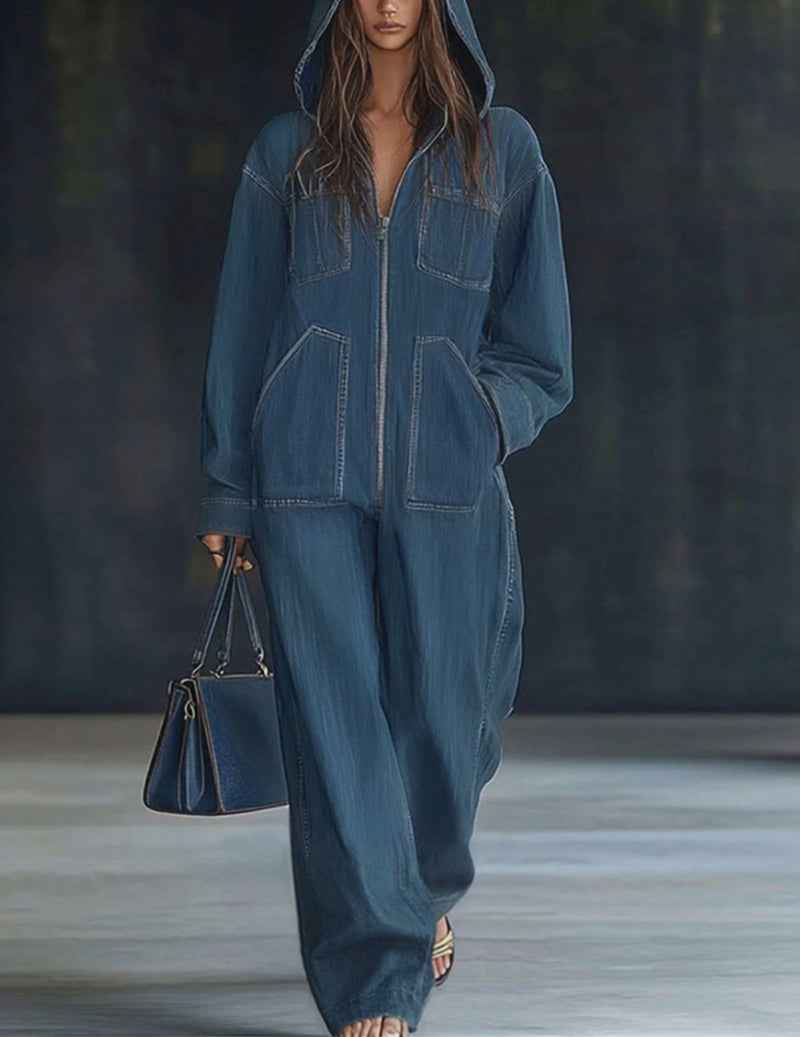 Denim Hooded Oversized Zip-Front Pocket Jumpsuit
