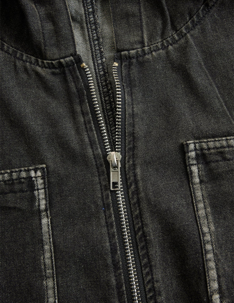 Denim Hooded Oversized Zip-Front Pocket Jumpsuit