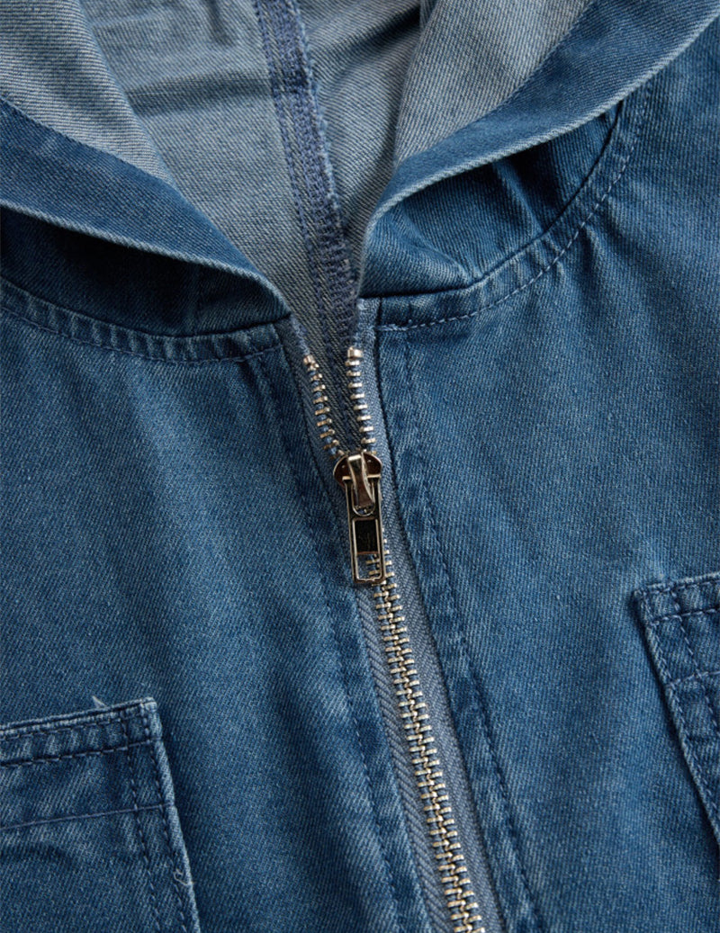 Denim Hooded Oversized Zip-Front Pocket Jumpsuit