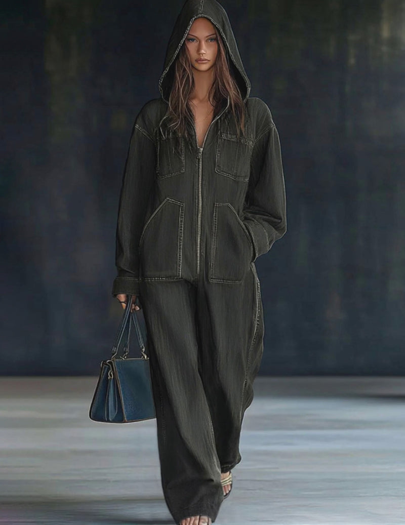 Denim Hooded Oversized Zip-Front Pocket Jumpsuit