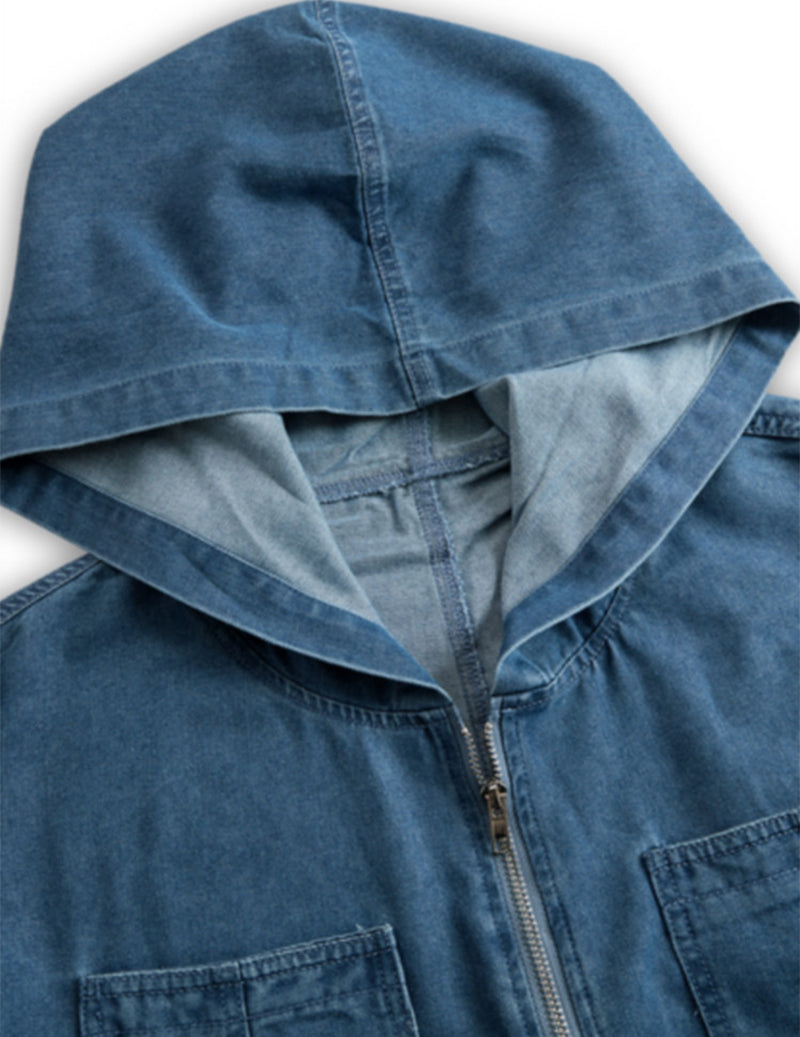 Denim Hooded Oversized Zip-Front Pocket Jumpsuit