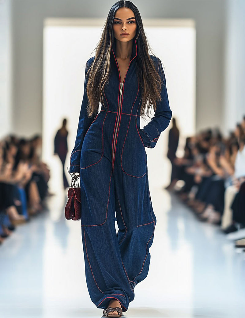 Retro Red Topstitched Denim Wide Leg Long Sleeve Jumpsuit