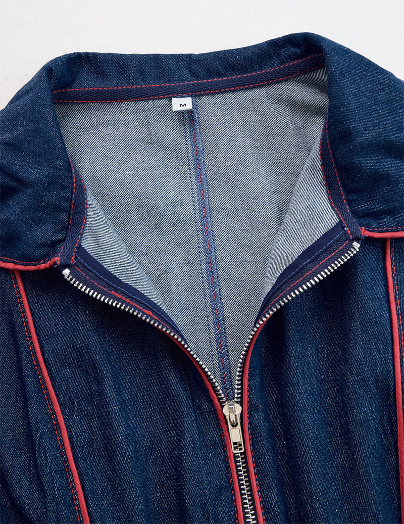 Retro Red Topstitched Denim Wide Leg Long Sleeve Jumpsuit