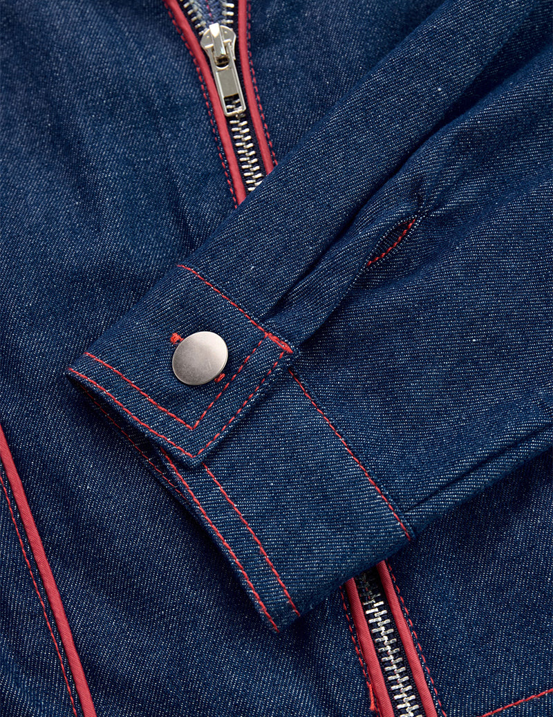 Retro Red Topstitched Denim Wide Leg Long Sleeve Jumpsuit