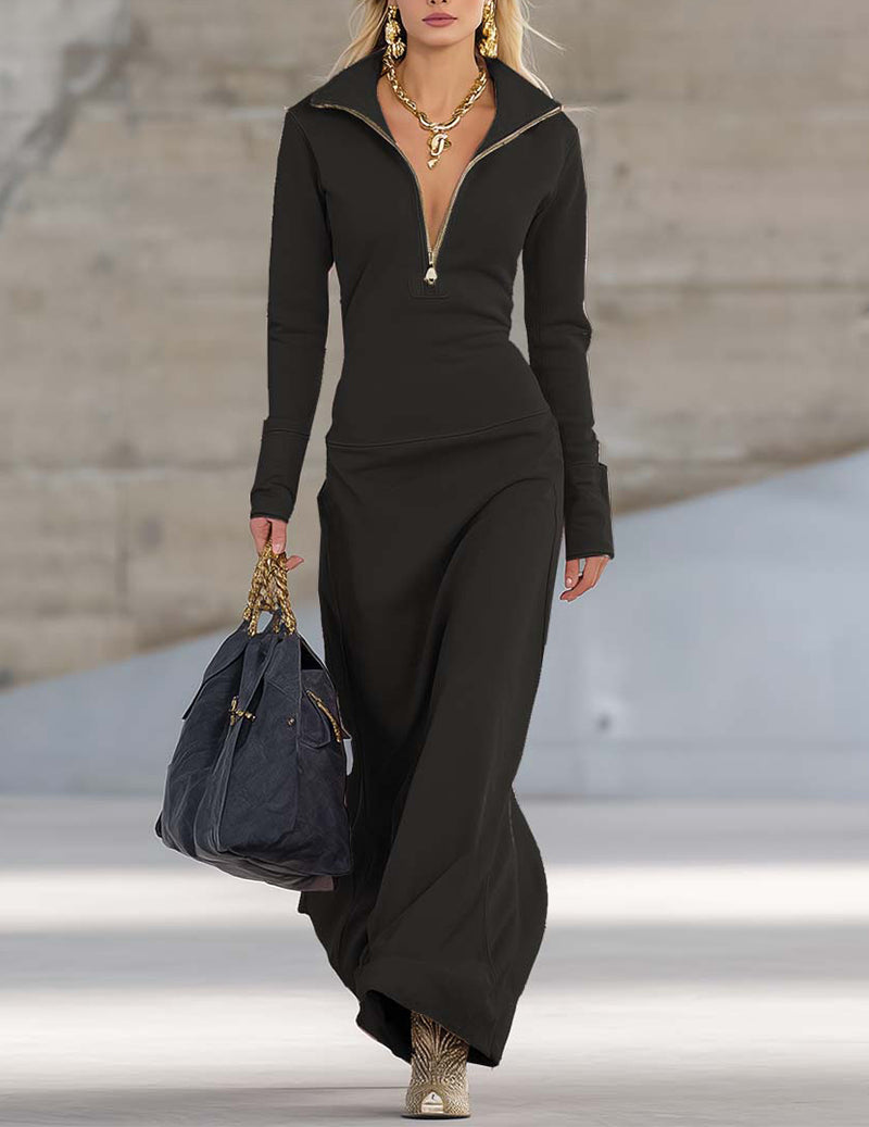 Elegant Retro V-neck Front Zipper Long-sleeved Maxi Dress