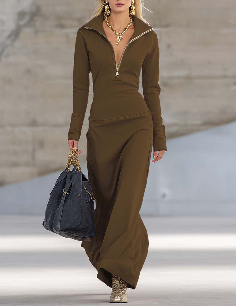 Elegant Retro V-neck Front Zipper Long-sleeved Maxi Dress