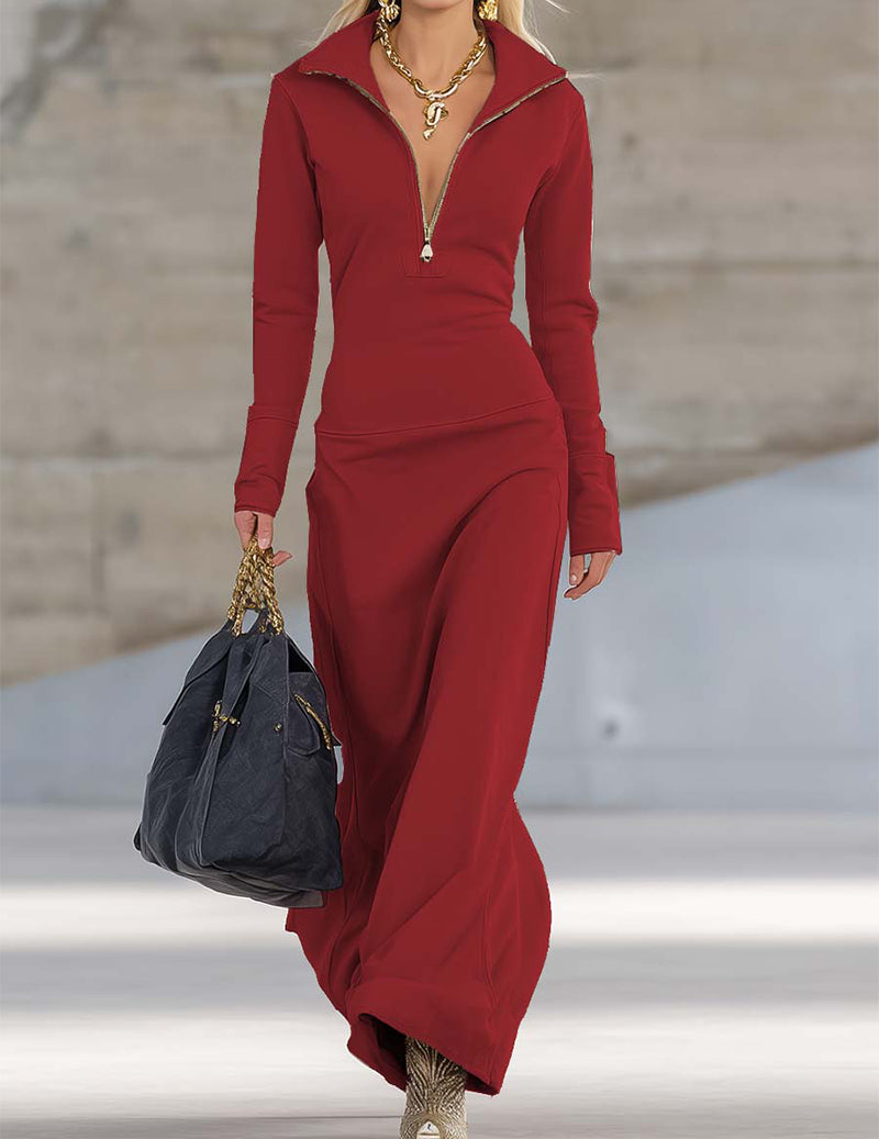 Elegant Retro V-neck Front Zipper Long-sleeved Maxi Dress