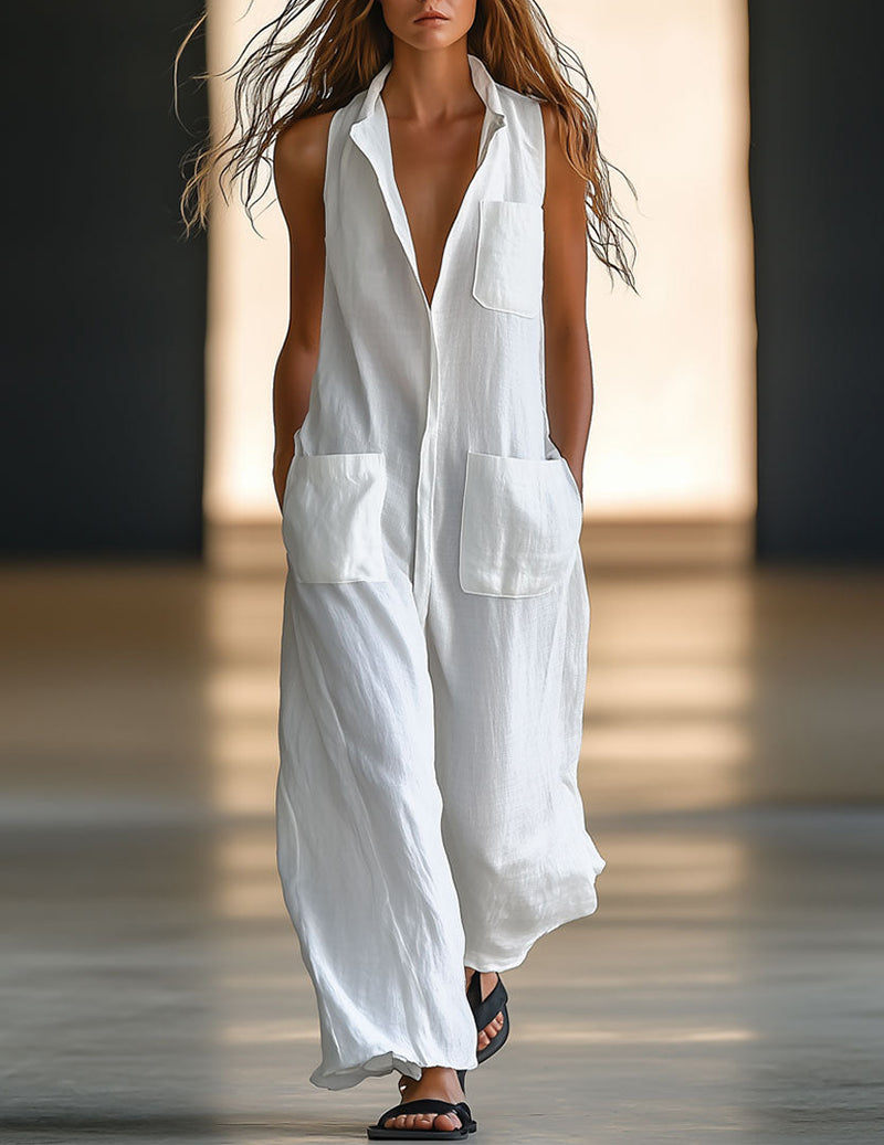 Sleeveless Linen Jumpsuit Oversized Button Wide-Leg Romper