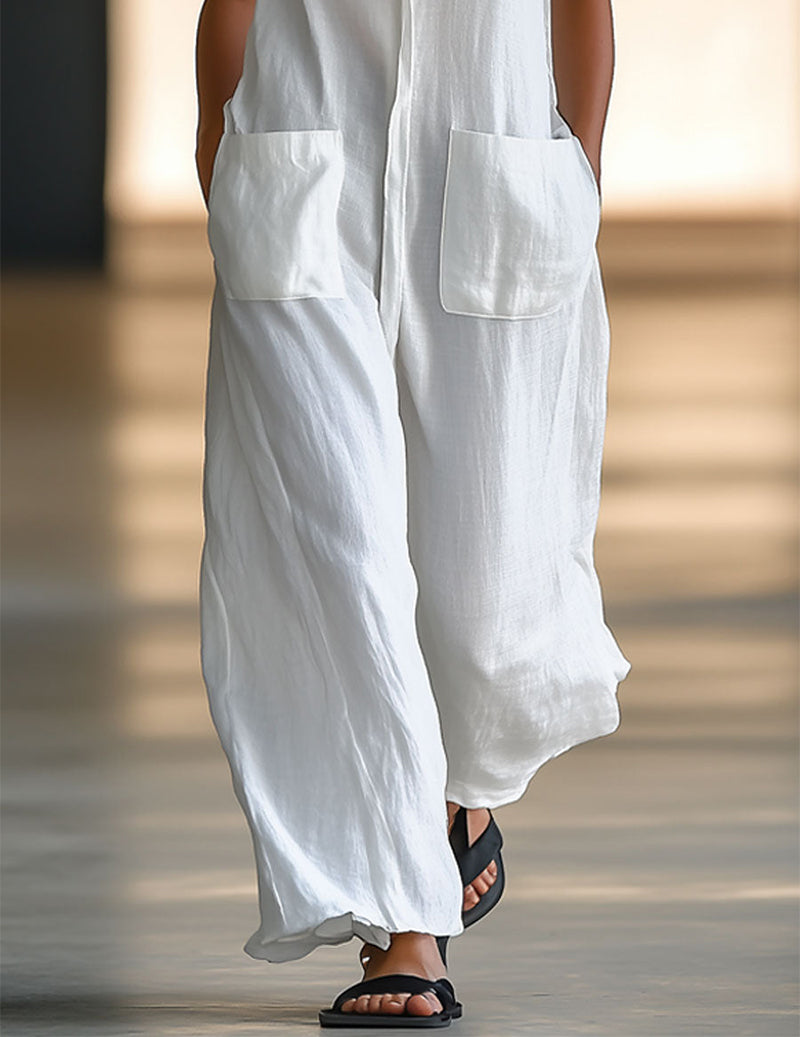 Sleeveless Linen Jumpsuit Oversized Button Wide-Leg Romper