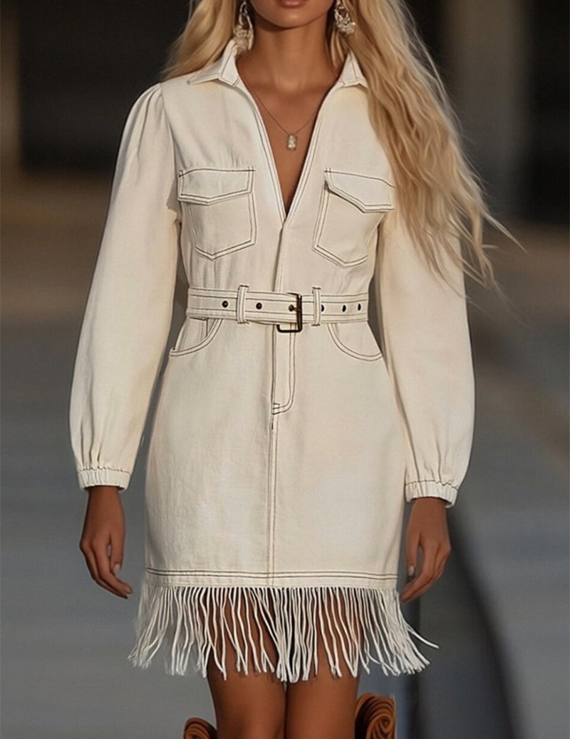 Fringed Western Denim Shirt Long-Sleeve Belted Dress