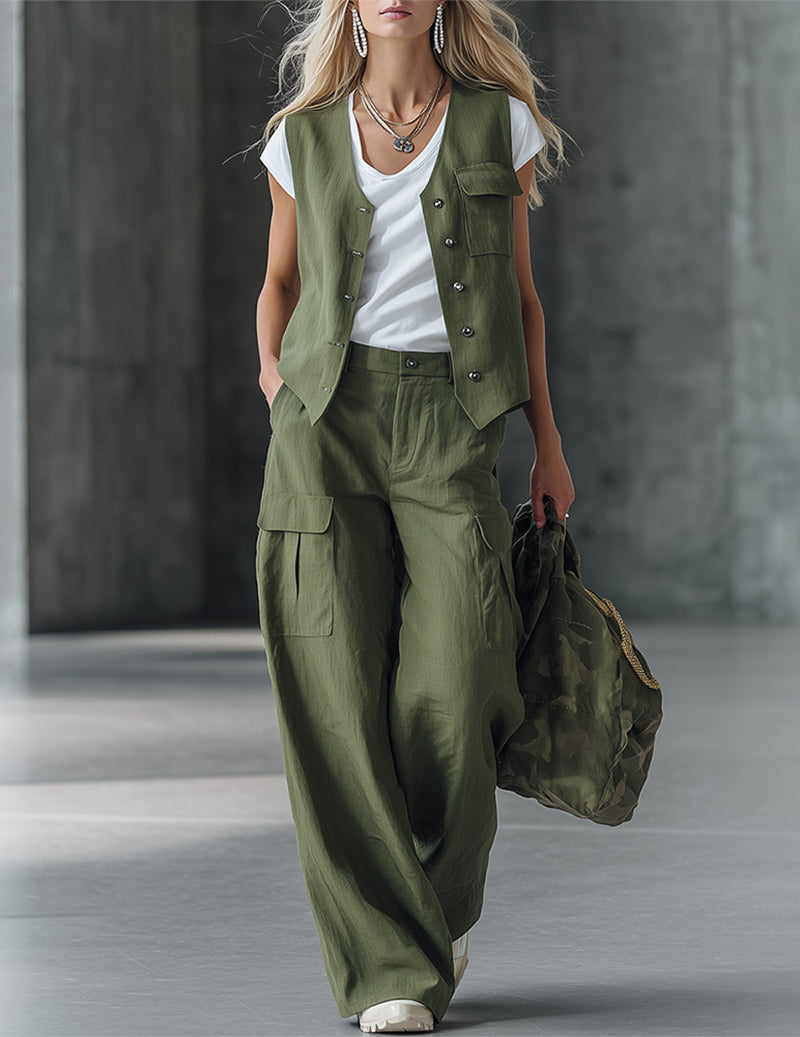 Chic Cotton Sleeveless Vest & Cargo Wide-Leg Pants Set