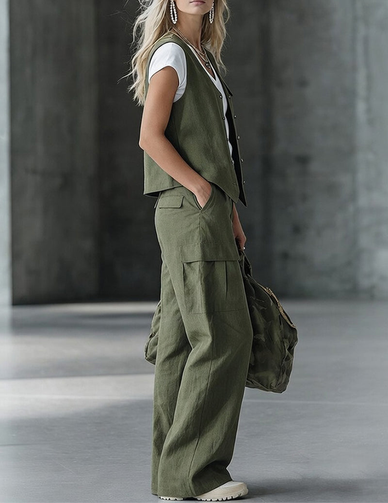 Chic Cotton Sleeveless Vest & Cargo Wide-Leg Pants Set