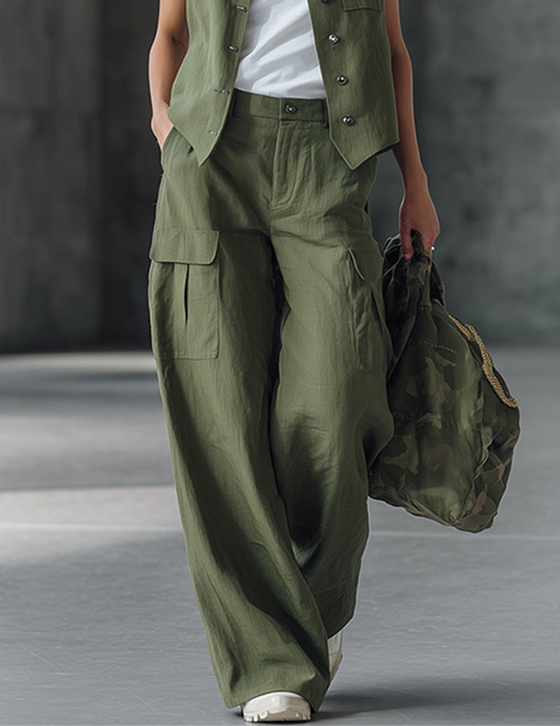 Chic Cotton Sleeveless Vest & Cargo Wide-Leg Pants Set