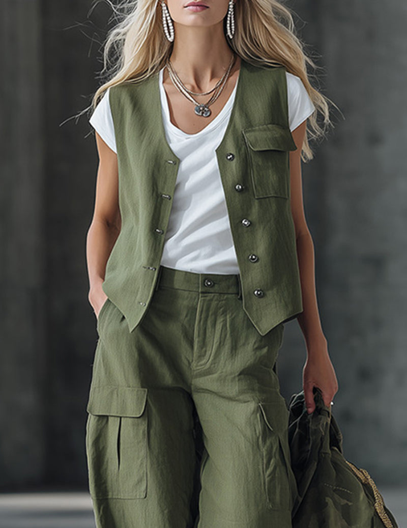 Chic Cotton Sleeveless Vest & Cargo Wide-Leg Pants Set