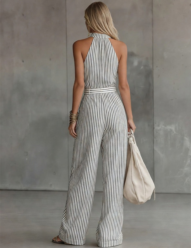 Halter Neck Striped Jumpsuit Wide-Leg Belted Romper