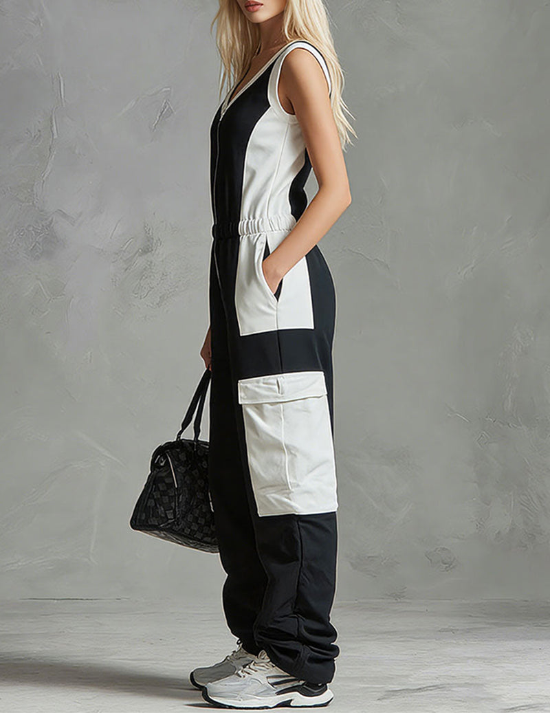 Sleeveless Color-blocked V-neck Half-zip Jumpsuit