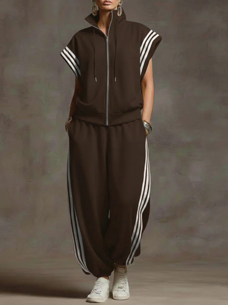 Sleeveless Zip-Up Jumpsuit Oversized Track Suit with Side Stripes