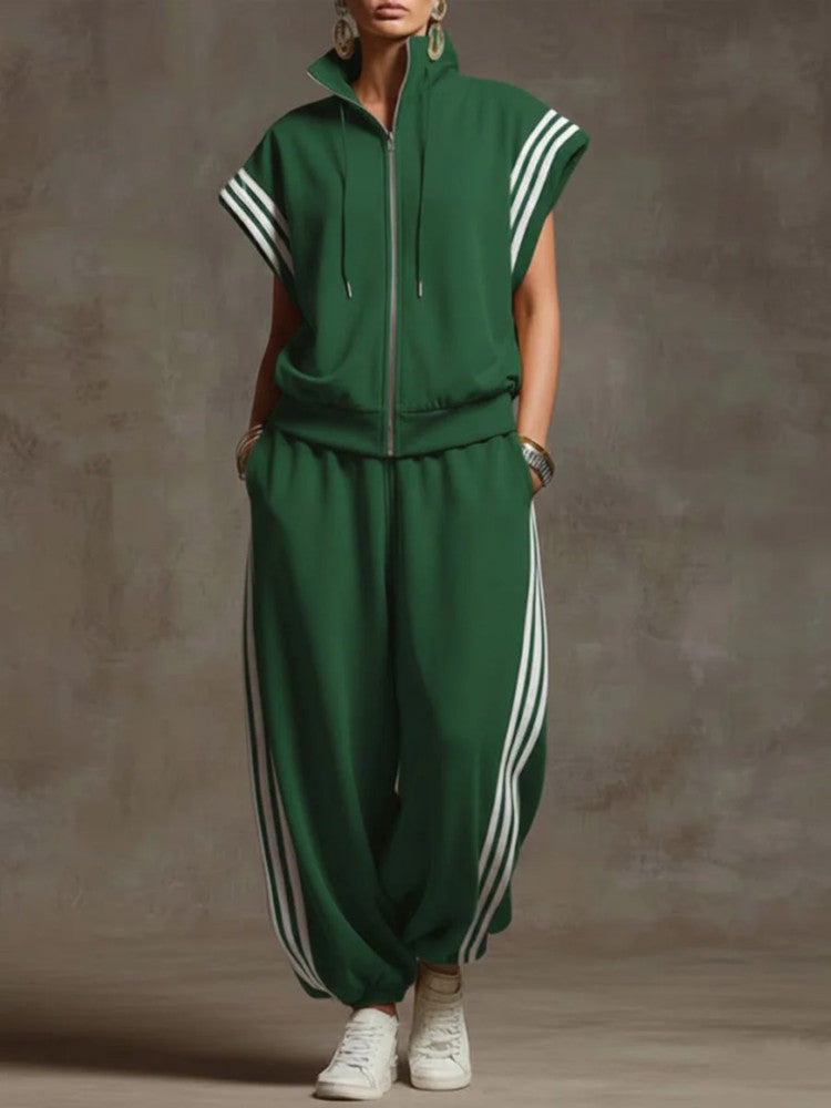 Sleeveless Zip-Up Jumpsuit Oversized Track Suit with Side Stripes