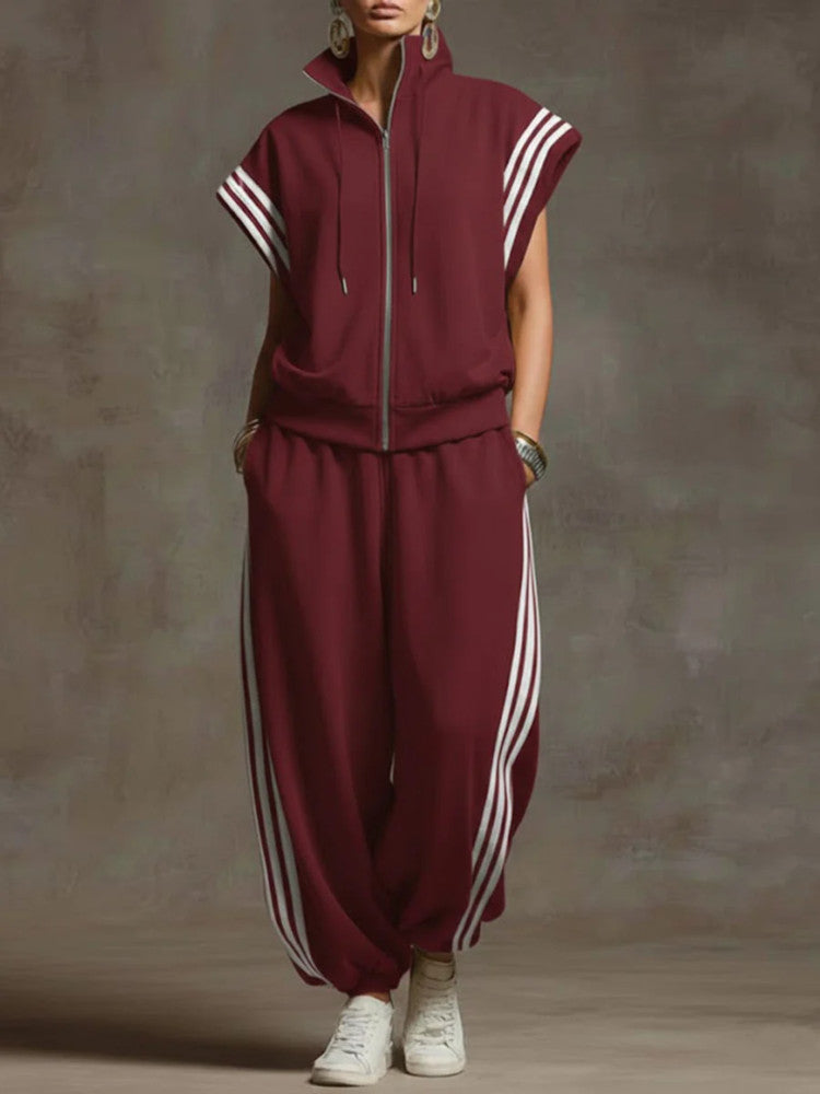 Sleeveless Zip-Up Jumpsuit Oversized Track Suit with Side Stripes