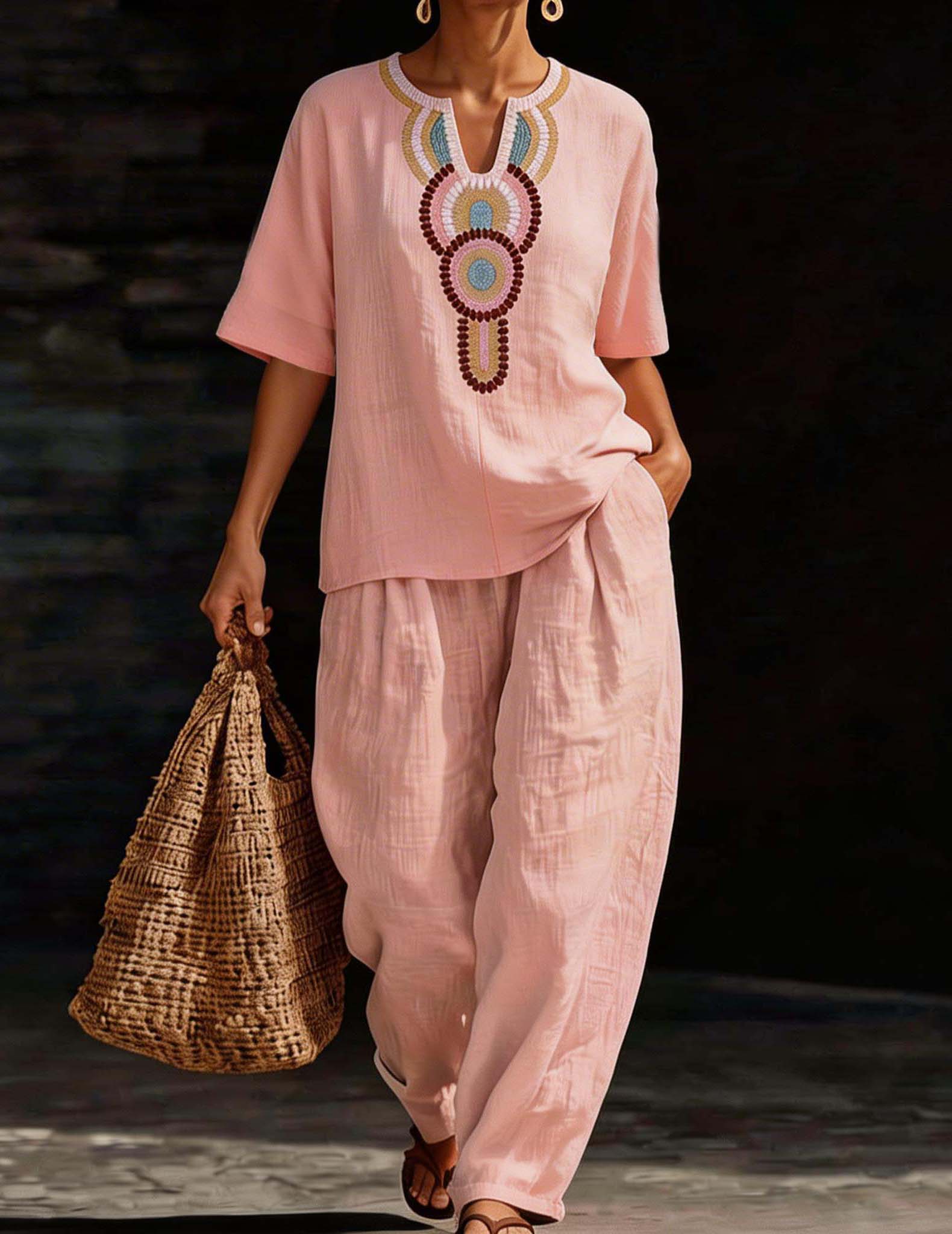 Embroidered Linen Co-ord Set Tunic Top & Wide-Leg Pants