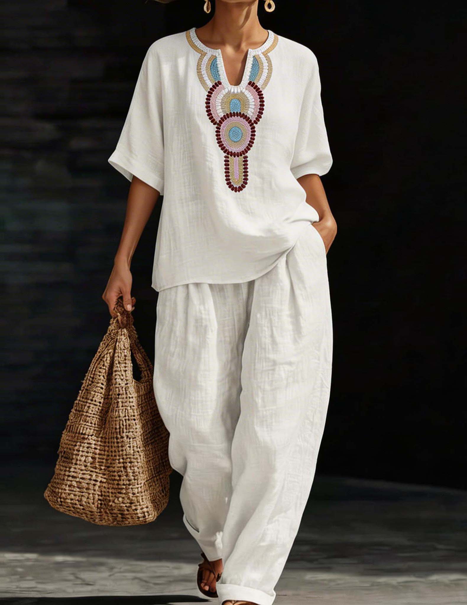 Embroidered Linen Co-ord Set Tunic Top & Wide-Leg Pants