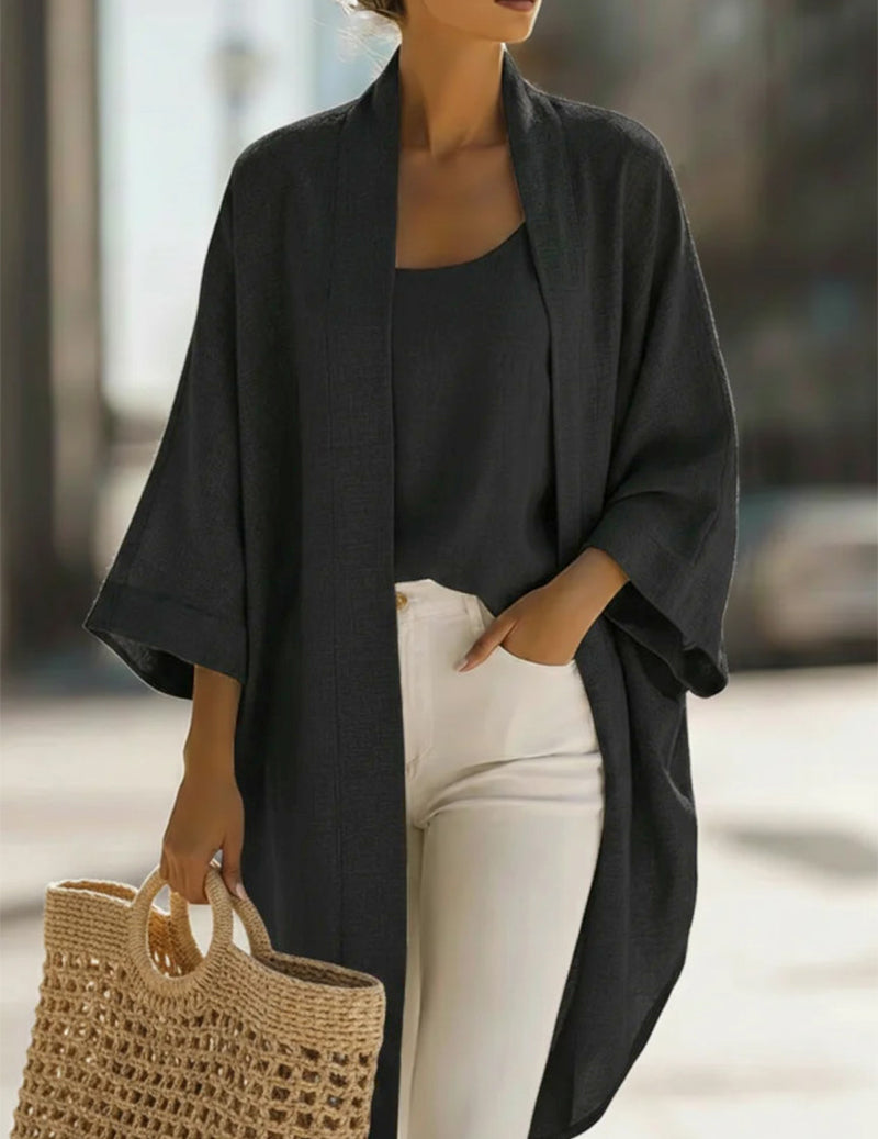Oversized Textured Linen Kimono Cardigan & Camisole Set