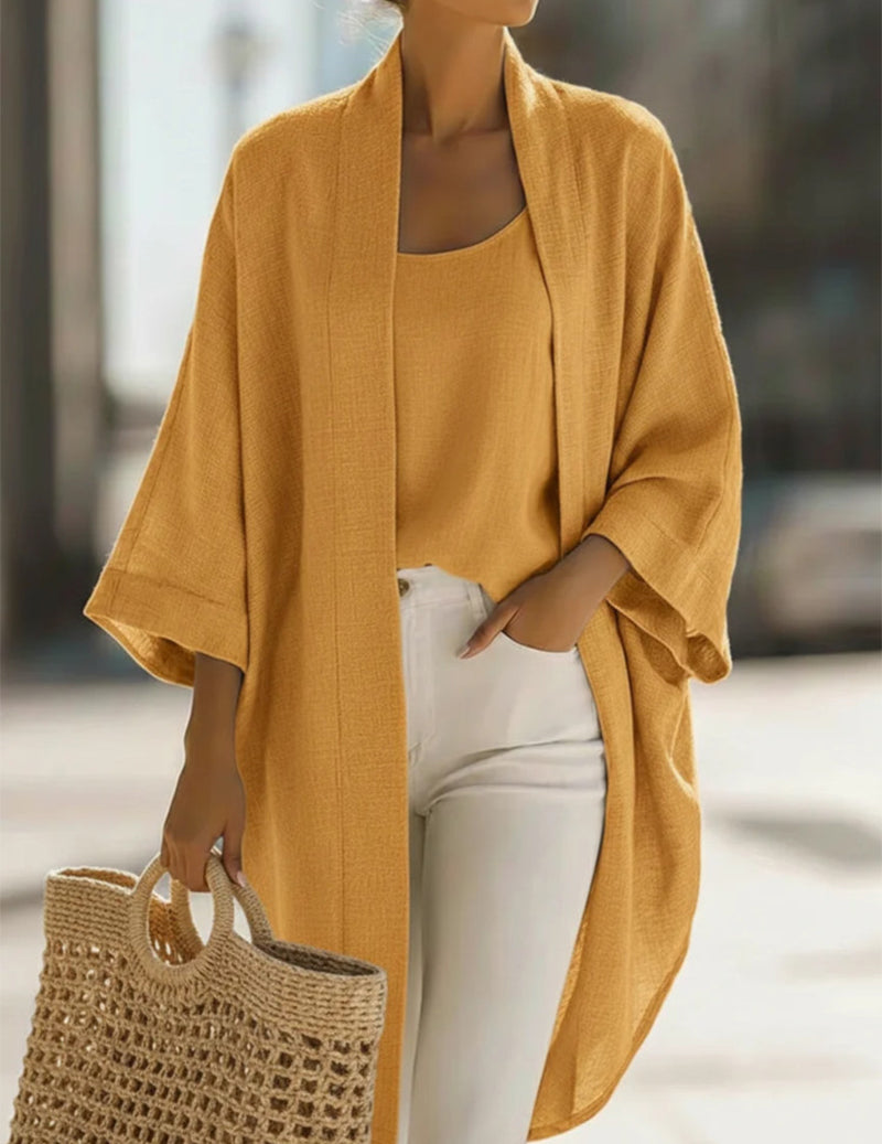 Oversized Textured Linen Kimono Cardigan & Camisole Set