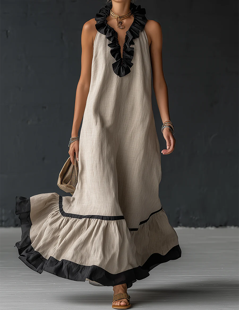 Ruffled Halter Maxi Dress Cotton Linen Sleeveless Gown