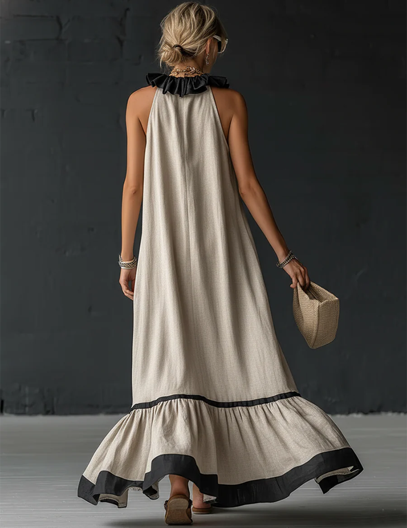 Ruffled Halter Maxi Dress Cotton Linen Sleeveless Gown