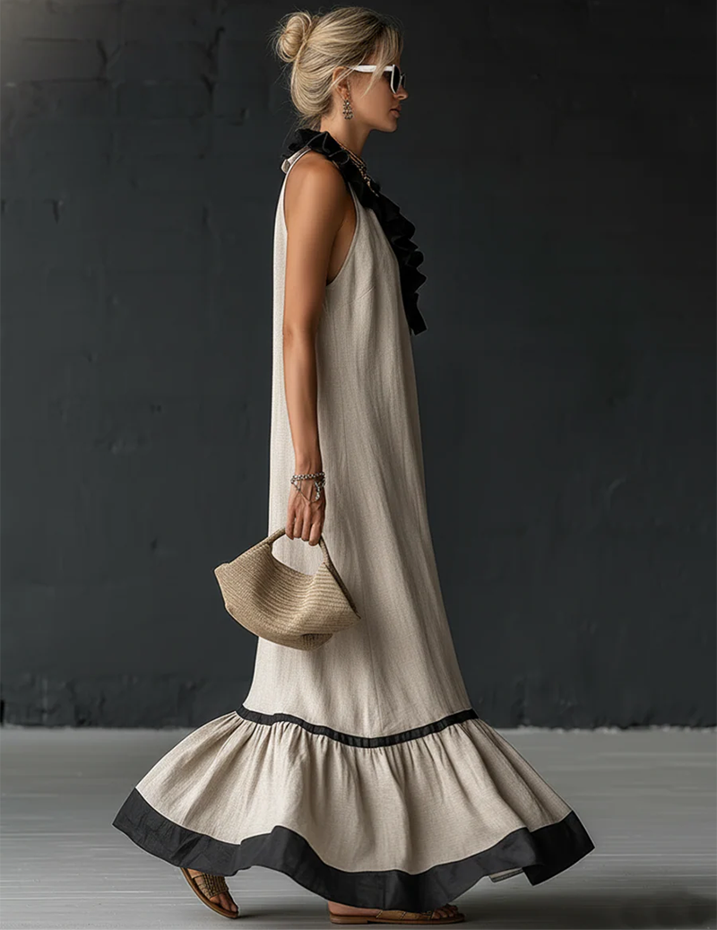 Ruffled Halter Maxi Dress Cotton Linen Sleeveless Gown