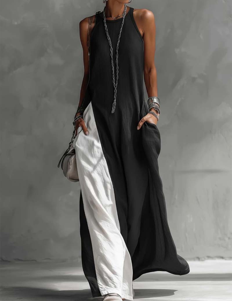 Cotton Linen Asymmetric Sleeveless Color-block Side Slit Maxi Dress