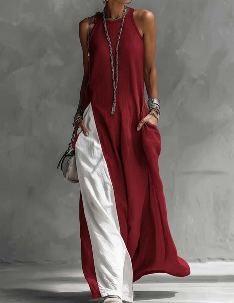 Cotton Linen Asymmetric Sleeveless Color-block Side Slit Maxi Dress