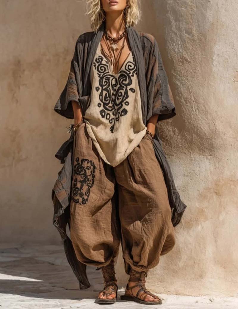 Boho Cotton Linen Kimono Set Tribal-Print Top + Asymmetrical Hem Pants