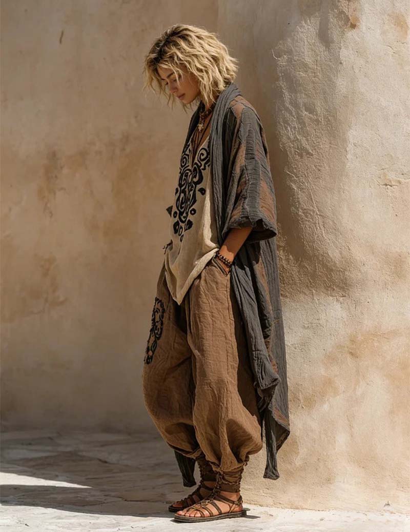 Boho Cotton Linen Kimono Set Tribal-Print Top + Asymmetrical Hem Pants