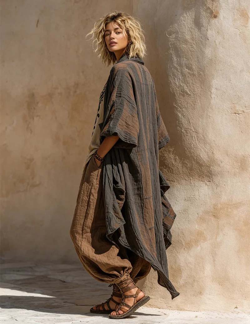 Boho Cotton Linen Kimono Set Tribal-Print Top + Asymmetrical Hem Pants