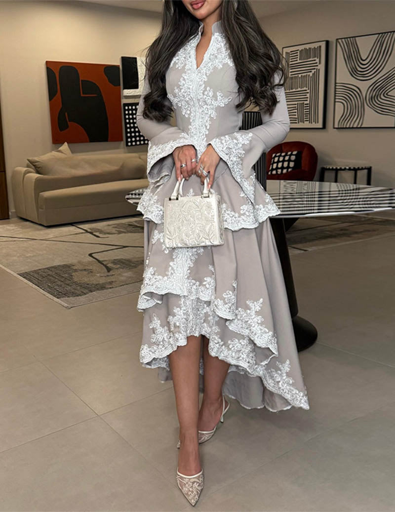 Stand Collar Dress Asymmetrical Ruffle Lace Formal Midi Dress