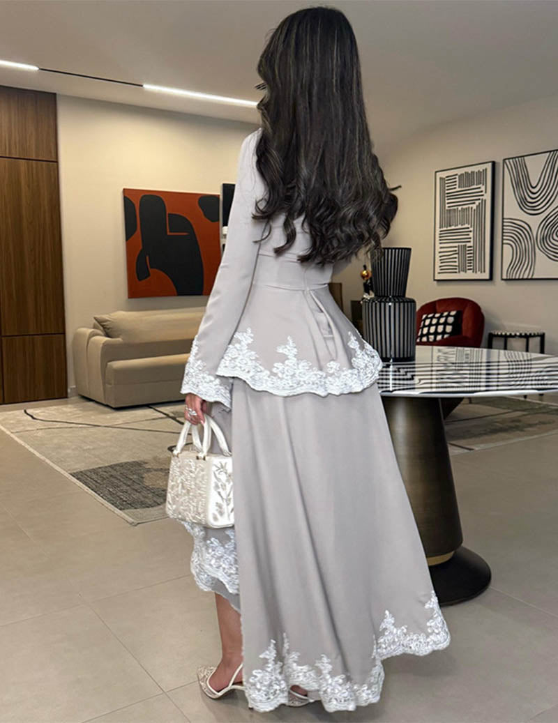 Stand Collar Dress Asymmetrical Ruffle Lace Formal Midi Dress