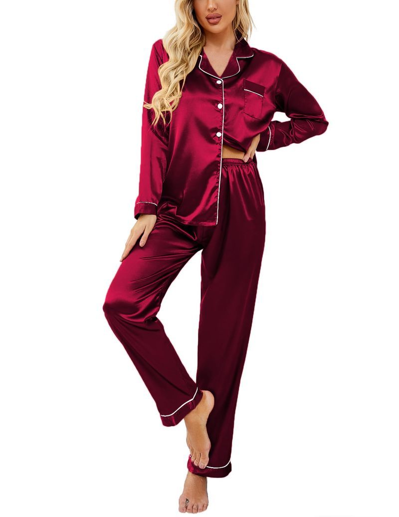 Satin Long Sleeve Notch Collar Button Down Pajama Set
