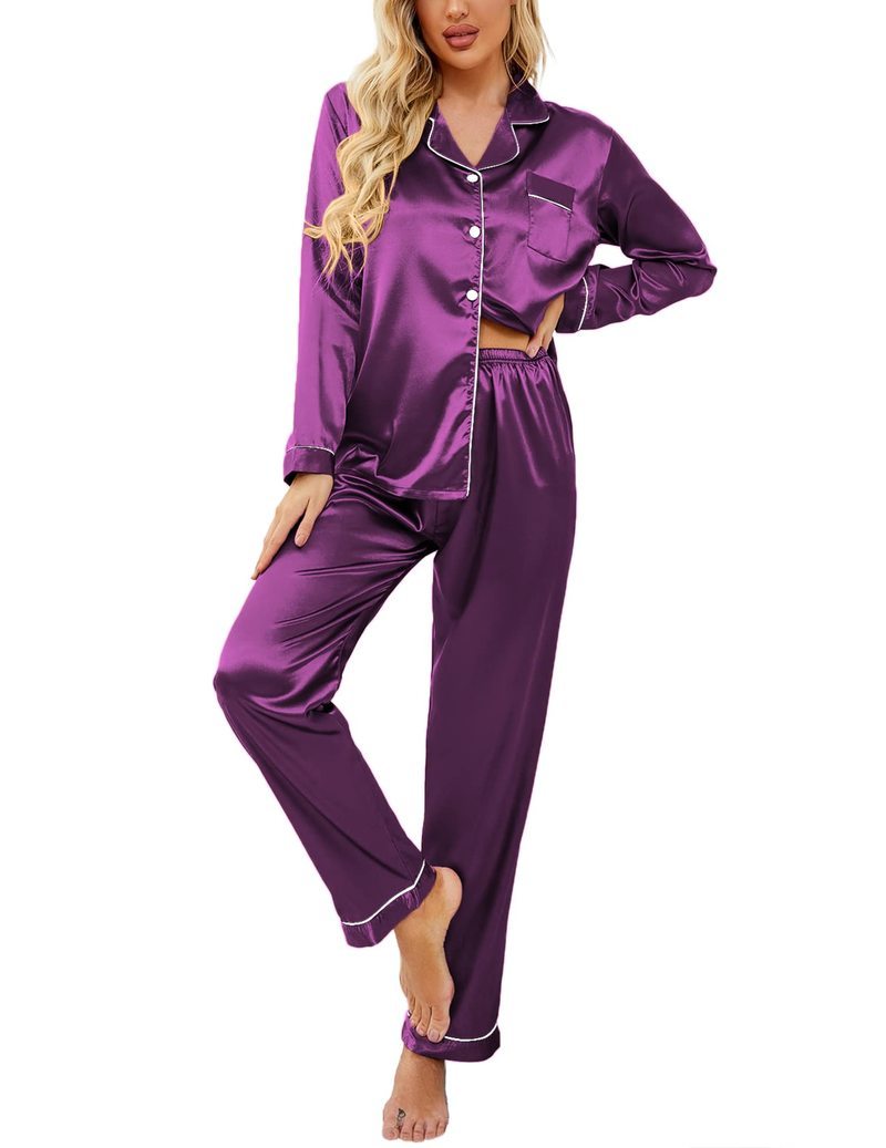 Satin Long Sleeve Notch Collar Button Down Pajama Set