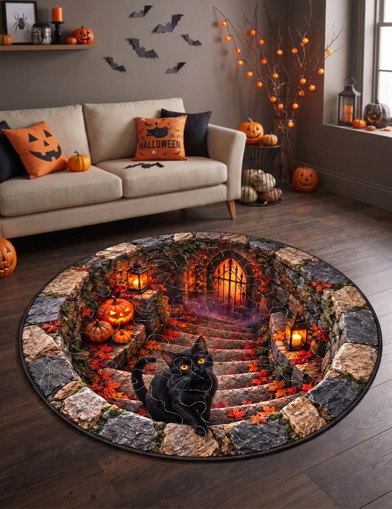Round quilted door mat with black cat face in a rocky Halloween scene design